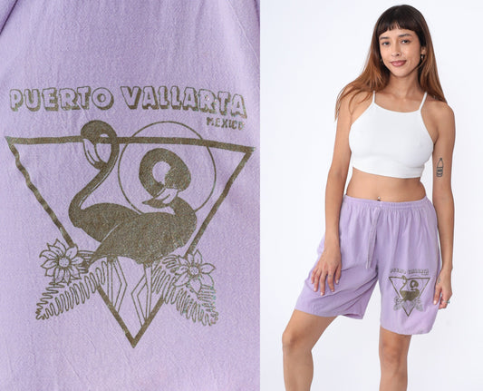 90s Puerto Vallarta Flamingo Graphic Shorts Lavender High Waisted Small