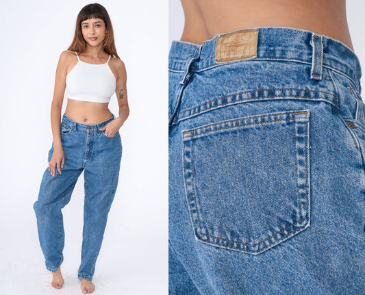 90s L.L. Bean High Waist Tapered Jeans Flannel Lined Blue Denim Large 14
