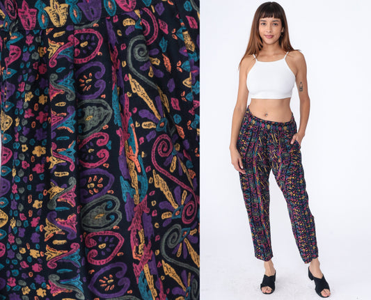 90s Black Rayon Tapered Pants Abstract Heart Geometric Print High Waist Medium