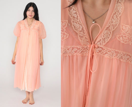 70s Pink Nylon Lingerie Robe Lace Beaded Puff Sleeve Midi Small