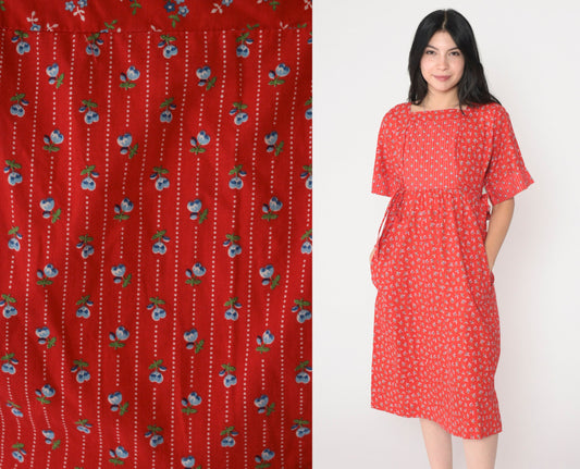 70s Lanz Original Red Floral Calico Midi Dress Empire Waist Tie Short Sleeve Extra Small