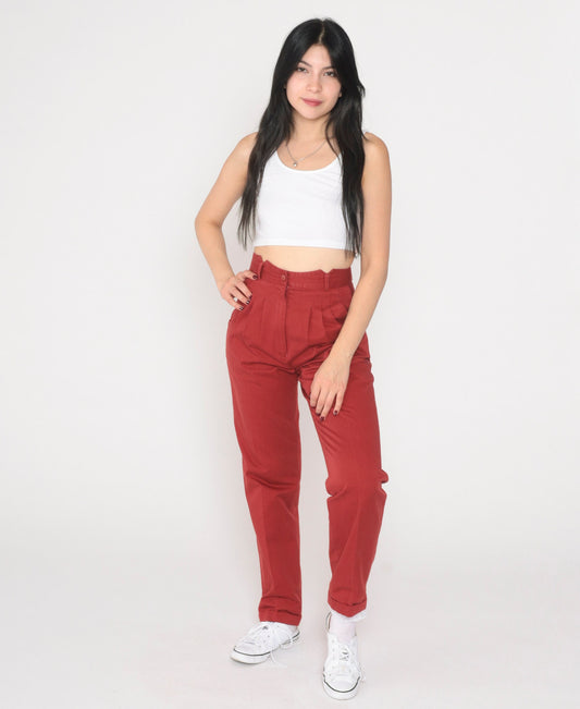 80s Red Pleated High-Waisted Tapered Trousers Extra Small XS