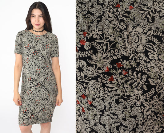 90s Liz Claiborne Floral Mini Dress Black Shift Short Sleeve Extra Small