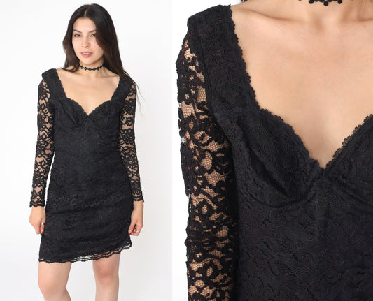 90s Black Lace Mini Dress Long Sleeve Scoop Back Bodycon Small 6