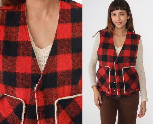 80s Buffalo Plaid Wool Vest Sherpa Lined Snap Button Red Lumberjack Large