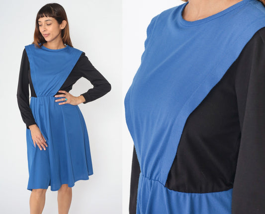 80s Color Block Midi Dress Black Blue High Waist Long Sleeve Small