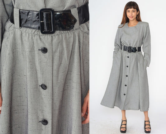 90s Black White Checkered Midi Dress High Waist Long Sleeve Button Front Large