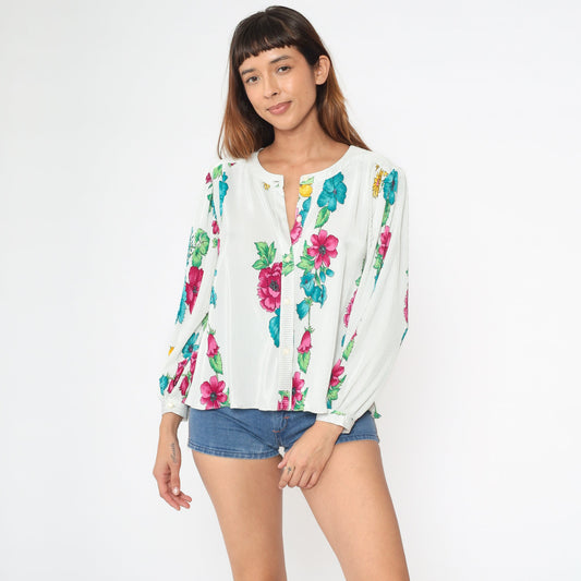 80s White Floral Button-Up Blouse Knife Pleated Puff Sleeve Large L