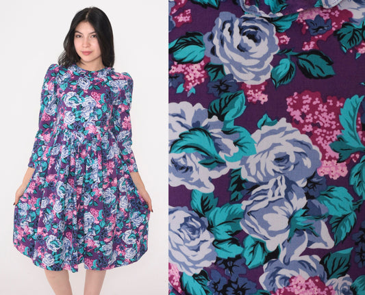 80s Purple Floral Midi Dress Puff Sleeve Basque Waist Ruffle Neckline XXS