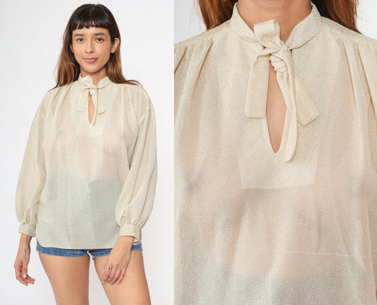 70s Metallic Gold Ascot Bow Blouse Cream Semi-Sheer Long Sleeve Medium