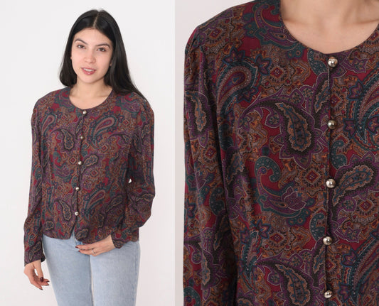 90s Maggy London Paisley Button-Up Blouse Long Sleeve Red Purple Green Large Petite