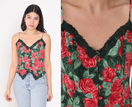 90s Victoria's Secret Floral Camisole Lace Trim Button-Up Small S