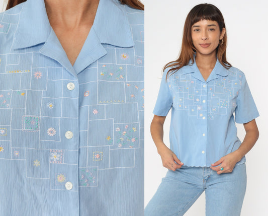 90s Koret Floral Embroidered Button-Up Blouse Baby Blue Cotton Small
