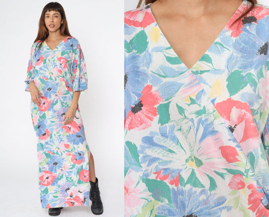 80s Floral Maxi Dress White Watercolor Surplice V-Neck 3/4 Sleeve Medium