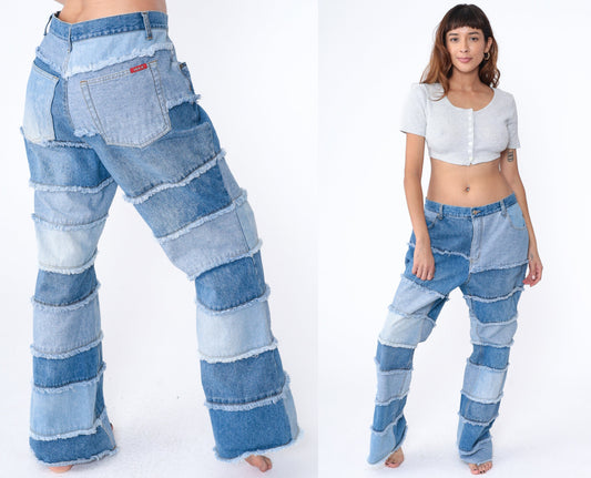 Y2K Zana Di Patchwork Bell Bottom Jeans Blue Denim Plus Size 20