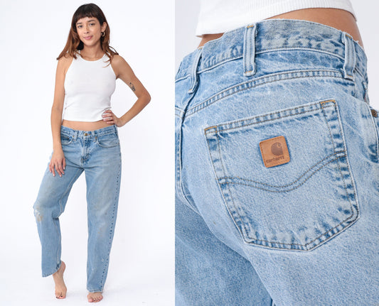 90s Carhartt Denim Jeans Tapered Straight Leg Blue Distressed 34