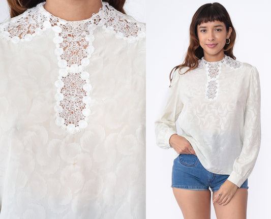 80s White Embossed Blouse Puff Sleeve Cutwork Lace Trim Button Back Medium