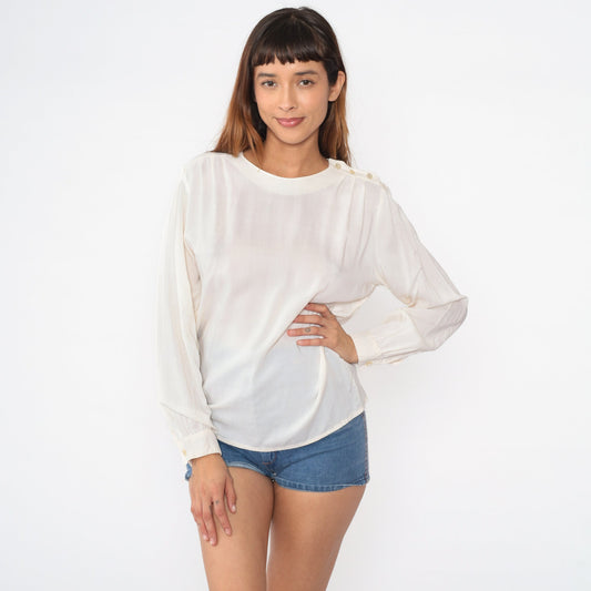 90s White Rayon Blouse Puff Sleeve Shoulder Button Top Medium