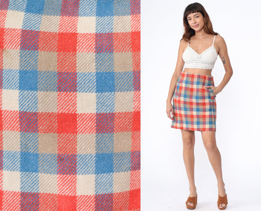 70s Bobbie Brooks Checkered Wool Mini Skirt High Waist Orange Blue Plaid Large