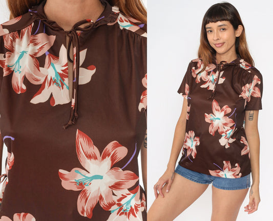 70s Brown Floral Blouse Keyhole Tie Neck Ruffled Collar Short Sleeve Medium