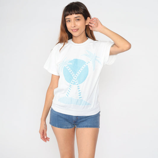 80s White Stag Palm Tree Graphic T-Shirt Blue Sun Banded Hem Medium