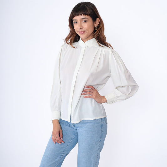 80s White Puff Sleeve Blouse Pleated Mandarin Collar Hidden Button Semi-Sheer Medium