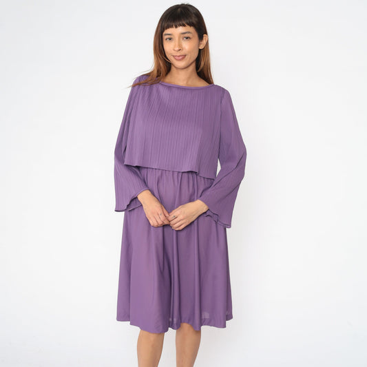 70s Purple Midi Dress Knife Pleated High Waist Bell Sleeve Small Medium