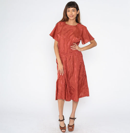 70s Rust Floral Embroidered Midi Dress Elastic Waist Raglan Medium