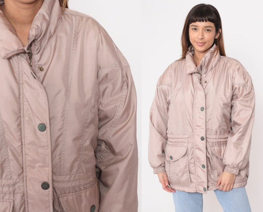 90s Mauve Puffer Ski Jacket Nylon Embroidered Drawstring Waist Large L