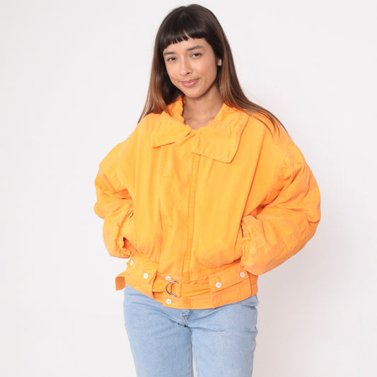90s Orange Cotton Puffer Jacket Zip Cargo Pockets Small S