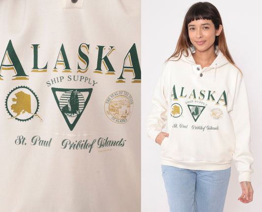 90s St. Paul Island Alaska Hooded Sweatshirt Cream Graphic Medium
