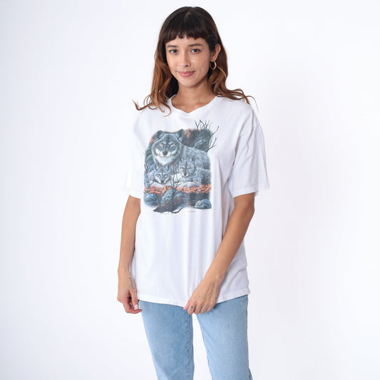Y2K Wolf Pup Graphic T-Shirt White Cotton Wildlife Tee Large L