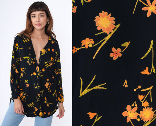 90s Floral Rayon Button Up Blouse Black Longline Collared Shirt Medium
