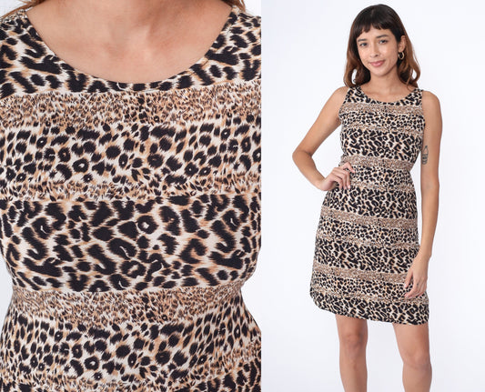 90s Leopard Print Mini Shift Dress Sleeveless Rayon Tank Small