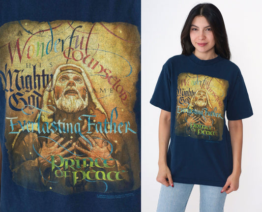 Y2K Jesus Christ Navy Graphic T-Shirt Wonderful Counselor Medium