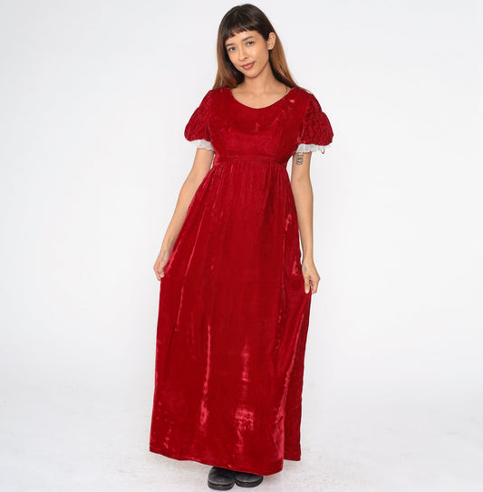 70s Emma Domb Red Velvet Maxi Dress Puff Sleeve Empire Waist Small S