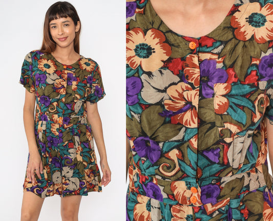 90s Tropical Floral Rayon Romper Wide Leg Shorts Button Up Medium