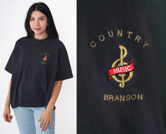 90s Branson Missouri Country Music Treble Clef Embroidered Tee Black Extra Large