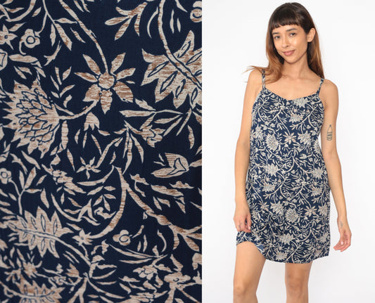 90s No Boundaries Blue Floral Mini Dress Spaghetti Strap Rayon Medium