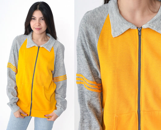 80s Yellow Grey Striped Raglan Track Jacket Zip Up Small