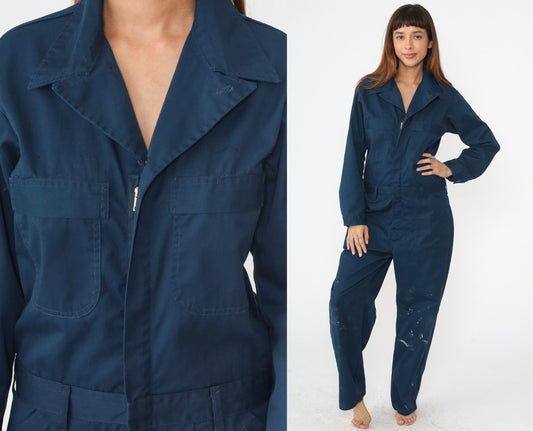 90s Navy Paint Splatter Coveralls Long Sleeve Workwear Boilersuit Men's 40 R
