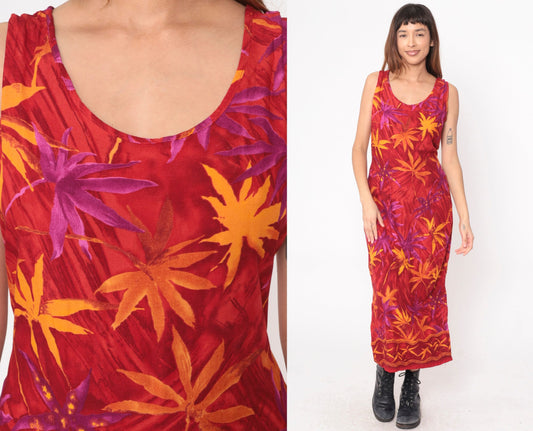 90s Red Tropical Leaf Print Maxi Dress Sleeveless Scoop Neck Medium M