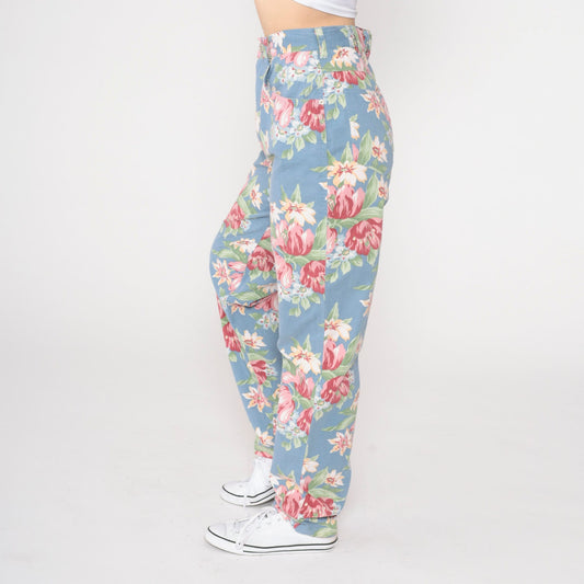 90s Blue Floral High-Waisted Straight Tapered Trousers Extra Small