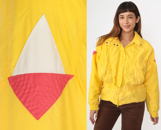 80s Roffe Yellow Puffer Ski Jacket Geometric Triangle Sleeves Large