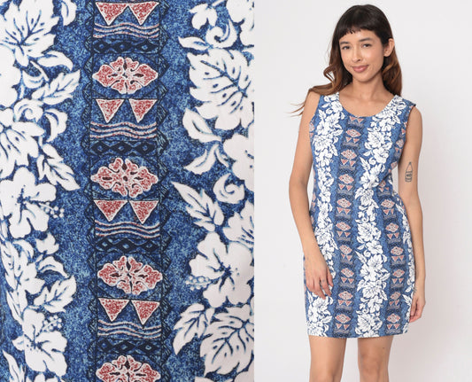 90s Hawaiian Floral Mini Dress Blue Cotton Sleeveless Sheath Medium