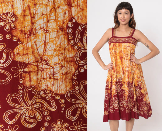 00s Batik Floral Sundress Tropical Print Tank Mini Yellow Red Small S