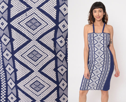 90s Blue Aztec Embroidered Midi Sundress Criss-Cross Spaghetti Strap Extra Small XS