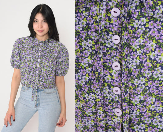 90s Purple Floral Crop Top Puff Sleeve Button-Up Blouse Tie Neck Small