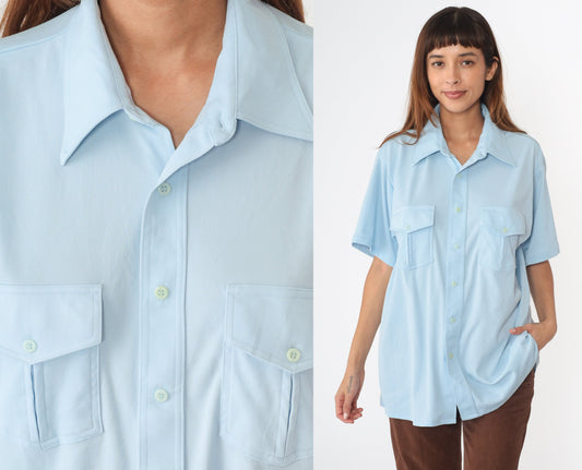 70s Baby Blue Dagger Collar Button-Up Shirt Short Sleeve Extra Large