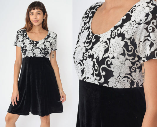 90s Molly Malloy Floral Velvet Mini Dress Black White Empire Waist Small Medium